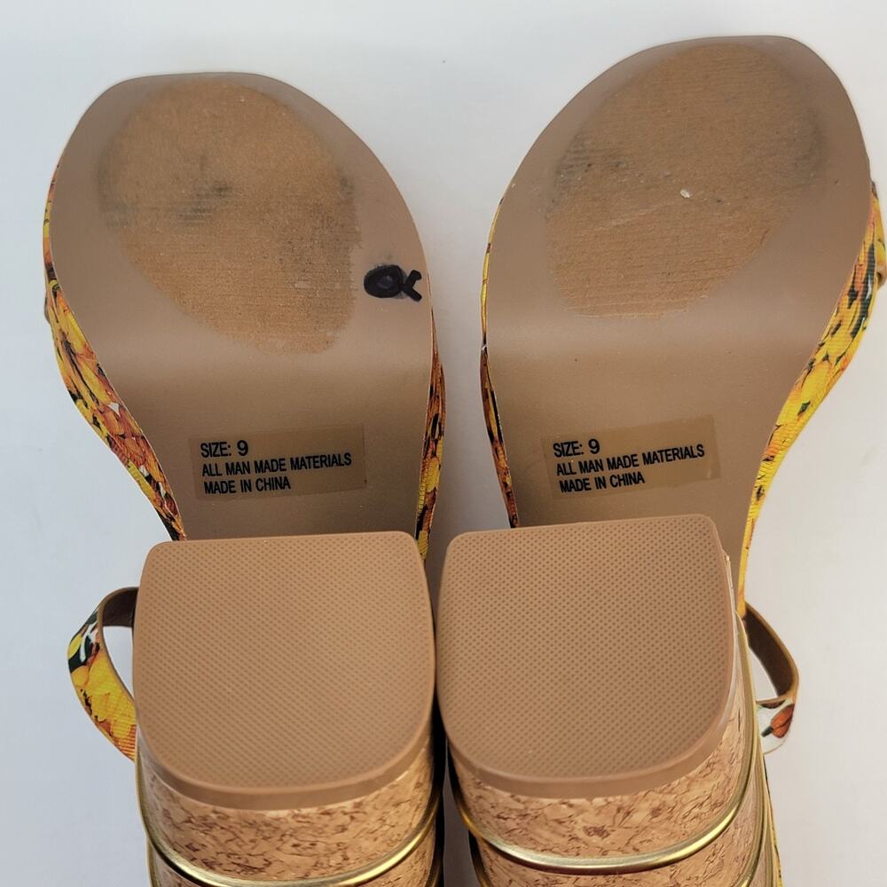 Cottagecore 9M Open Toe Yellow Floral Strappy 5" Block Heels Sandals Boho Retro - Picture 9 of 9